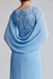 Blue V-Neck Sheath Chiffon Ruffled Mother of the Bride Dress with Cape Sleeves