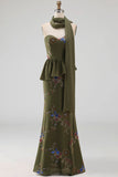 Olive Long Floral Mermaid Strapless Beaded Mother of the Bride Dress with Ruffles