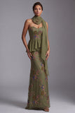 Olive Long Floral Mermaid Strapless Beaded Mother of the Bride Dress with Ruffles