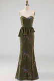 Olive Long Floral Mermaid Strapless Beaded Mother of the Bride Dress with Ruffles