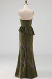 Olive Long Floral Mermaid Strapless Beaded Mother of the Bride Dress with Ruffles