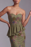 Olive Long Floral Mermaid Strapless Beaded Mother of the Bride Dress with Ruffles