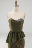 Olive Long Floral Mermaid Strapless Beaded Mother of the Bride Dress with Ruffles