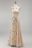 Apricot Illusion Round Neck Sheath Pleated Sequins Long Formal Dress with 3D Appliques