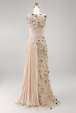 Apricot Illusion Round Neck Sheath Pleated Sequins Long Formal Dress with 3D Appliques