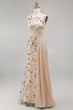 Apricot Illusion Round Neck Sheath Pleated Sequins Long Formal Dress with 3D Appliques