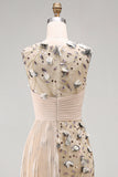 Apricot Illusion Round Neck Sheath Pleated Sequins Long Formal Dress with 3D Appliques