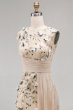 Apricot Illusion Round Neck Sheath Pleated Sequins Long Formal Dress with 3D Appliques