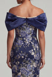 Navy Off the Shoulder Floral Bodycon Midi Mother Of the Bride Dress with Beading