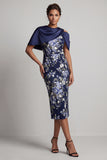 Navy Floral Bodycon Midi Mother Of the Bride Dress with Cape