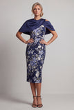 Navy Floral Bodycon Midi Mother Of the Bride Dress with Cape