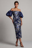 Off the Shoulder Navy Floral Bodycon Midi Mother Of the Bride Dress with Puff Sleeves