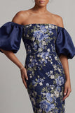Off the Shoulder Navy Floral Bodycon Midi Mother Of the Bride Dress with Puff Sleeves