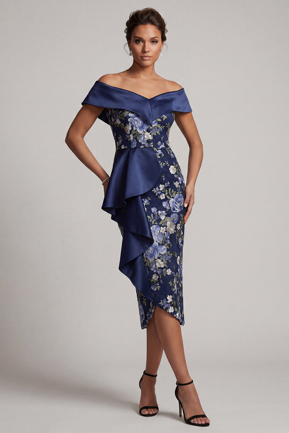 Zapaka Women Navy Mother Of the Bride Dress with Ruffles Bodycon Off the Shoulder Floral Midi Wedding Guest Dress – ZAPAKA