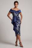 Off the Shoulder Navy Floral Bodycon Midi Mother Of the Bride Dress with Ruffles