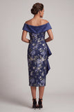 Off the Shoulder Navy Floral Bodycon Midi Mother Of the Bride Dress with Ruffles