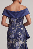 Off the Shoulder Navy Floral Bodycon Midi Mother Of the Bride Dress with Ruffles
