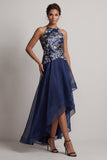 A-Line Navy Floral Halter Neck High Low Mother Of the Bride Dress