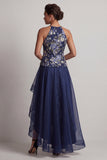 A-Line Navy Floral Halter Neck High Low Mother Of the Bride Dress