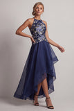A-Line Navy Floral Halter Neck High Low Mother Of the Bride Dress