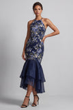 Navy Floral Halter Neck Mermaid Long Mother Of the Bride Dress with Ruffles