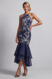 Navy Floral Halter Neck Mermaid Long Mother Of the Bride Dress with Ruffles