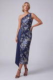 One Shoulder Navy Floral Bodycon Midi Mother Of the Bride Dress with Sash