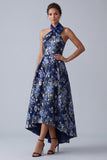 A-Line Navy Floral Halter Neck Jacquard High Low Mother Of the Bride Dress