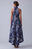 A-Line Navy Floral Halter Neck Jacquard High Low Mother Of the Bride Dress