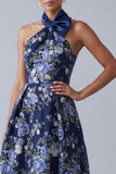 A-Line Navy Floral Halter Neck Jacquard High Low Mother Of the Bride Dress