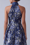 A-Line Navy Floral Halter Neck Jacquard High Low Mother Of the Bride Dress