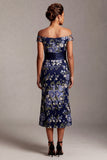 Off the Shoulder Mermaid Navy Floral Jacquard Midi Mother Of the Bride Dress with Slit