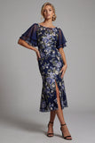 Mermaid Navy Floral Jacquard Bateau Neck Midi Mother Of the Bride Dress with Slit