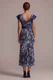 Mermaid Navy Floral V-Neck Jacquard Midi Mother Of the Bride Dress with Slit
