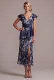 Mermaid Navy Floral V-Neck Jacquard Midi Mother Of the Bride Dress with Slit