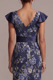 Mermaid Navy Floral V-Neck Jacquard Midi Mother Of the Bride Dress with Slit