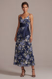 A-Line Navy Floral Spaghetti Straps Midi Mother Of the Bride Dress