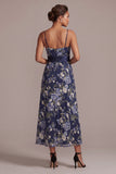 A-Line Navy Floral Spaghetti Straps Midi Mother Of the Bride Dress