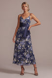 A-Line Navy Floral Spaghetti Straps Midi Mother Of the Bride Dress