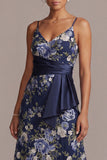 A-Line Navy Floral Spaghetti Straps Midi Mother Of the Bride Dress