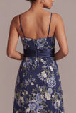 A-Line Navy Floral Spaghetti Straps Midi Mother Of the Bride Dress