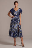 Navy A-Line Floral V-Neck Midi Mother Of the Bride Dress with Slit