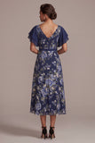 Navy A-Line Floral V-Neck Midi Mother Of the Bride Dress with Slit
