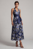 Navy A-Line Halter Neck Floral Midi Mother Of the Bride Dress