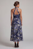 Navy A-Line Halter Neck Floral Midi Mother Of the Bride Dress