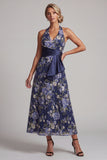 Navy A-Line Halter Neck Floral Midi Mother Of the Bride Dress