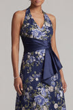 Navy A-Line Halter Neck Floral Midi Mother Of the Bride Dress