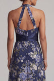 Navy A-Line Halter Neck Floral Midi Mother Of the Bride Dress