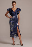 Navy Floral Bodycon V-Neck Ruffled Midi Mother Of the Bride Dress with Slit