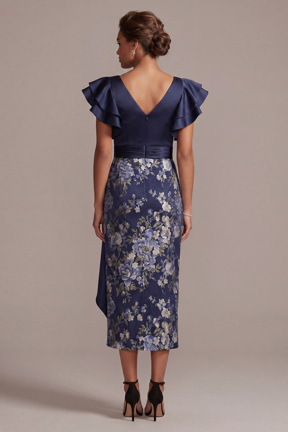 Zapaka Women Navy Mother Of the Bride Dress with Slit Bodycon V-Neck Ruffled Floral Midi Wedding Guest Dress, Navy / US6 Zapaka Women Navy Mother Of the Bride Dress with Slit Bodycon V-Neck Ruffled Floral Midi Wedding Guest Dress, Navy / US6